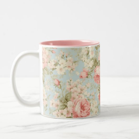 シャビーシックヴィンテージピンクローズフローラモノグラム ツートーンマグカップ (左)