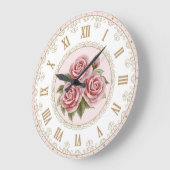 シャビーシックヴィンテージピーチピンク金ゴールドバラ花 ラージ壁時計 (傾斜)