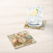 シャビーシックヴィンテージ赤面ブルーバラフローラ時計 スクエアペーパーコースター (インサイチュ)