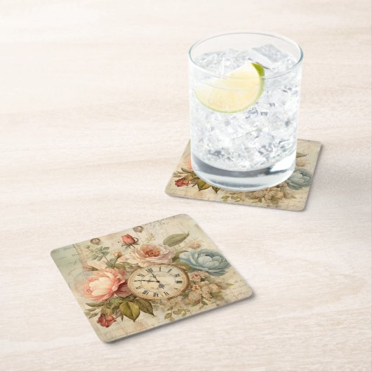 シャビーシックヴィンテージ赤面ブルーバラフローラ時計 スクエアペーパーコースター (インサイチュ)
