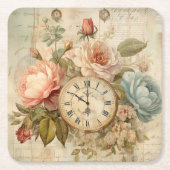 シャビーシックヴィンテージ赤面ブルーバラフローラ時計 スクエアペーパーコースター (正面)