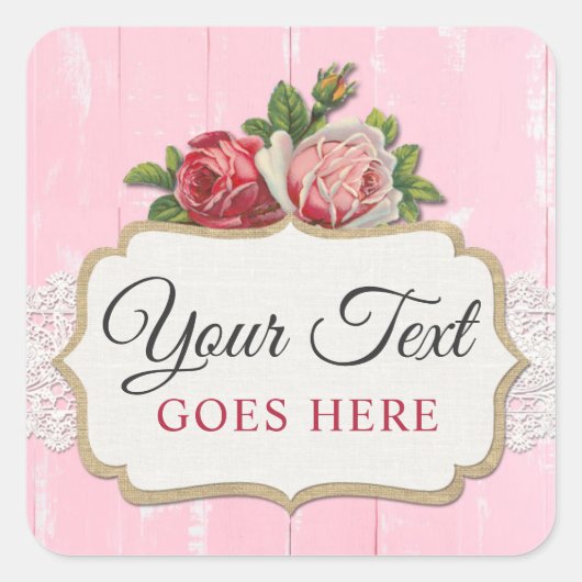 シャビーシック素朴ウッドピンクフローラヴィンテージバラ スクエアシール (正面)