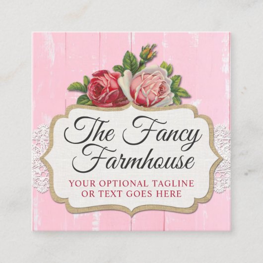 シャビーシック素朴ウッドピンクフローラヴィンテージバラ スクエア名刺 (正面)