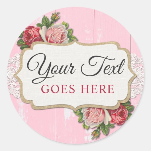 シャビーシック素朴ウッドピンクフローラヴィンテージバラ ラウンドシール (正面)