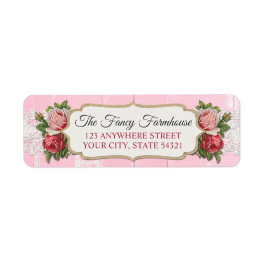 シャビーシック素朴ウッドピンクフローラ差出人住所 ラベル (正面)