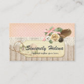 シャビーシック素朴ウッド、ヴィンテージレース&フェザー 名刺 (正面)