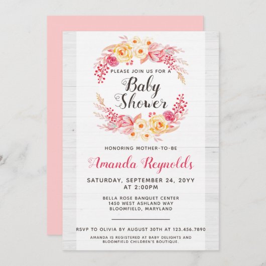 シャビーシック素朴フローラベビーシャワー招待状 招待状 (正面/裏面)