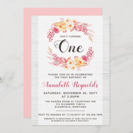 シャビーシック素朴ワンファースト誕生日招待状 招待状 (正面/裏面)