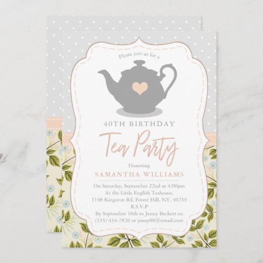 シャビーシック誕生日ティーパーティの招待状 招待状 (正面/裏面)