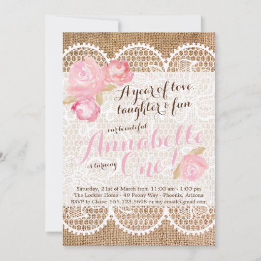 シャビーシック誕生日招待状バーラップ&レース 招待状 (正面)