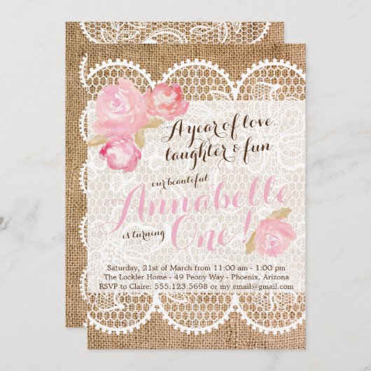 シャビーシック誕生日招待状バーラップ&レース 招待状 (正面/裏面)