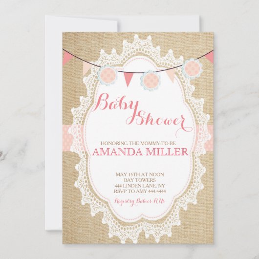 シャビーシック赤面ピンクベビーシャワー招待状 招待状 (正面)
