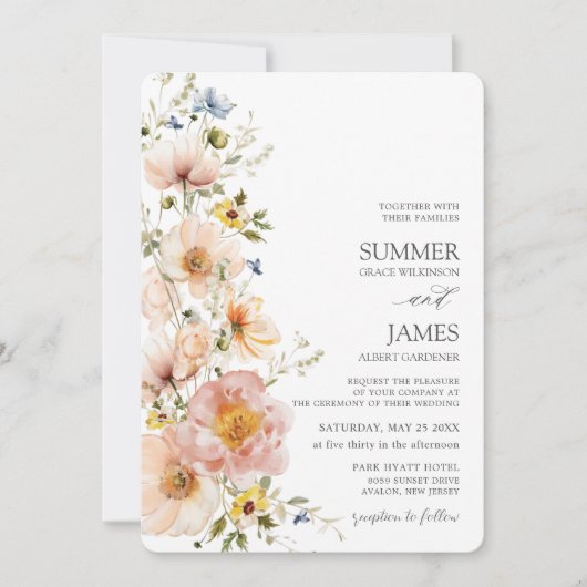 シャビーシック赤面ピンクワイルドフラワーフローラ結婚ズ 招待状 (正面)