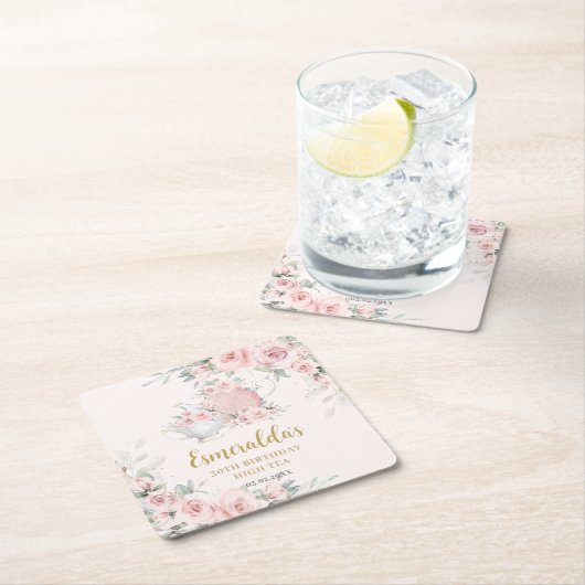シャビーシック赤面フローラハイティーパーティー誕生日 スクエアペーパーコースター (インサイチュ)