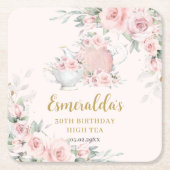 シャビーシック赤面フローラハイティーパーティー誕生日 スクエアペーパーコースター (正面)
