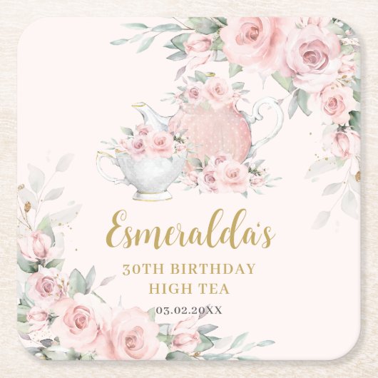 シャビーシック赤面フローラハイティーパーティー誕生日 スクエアペーパーコースター (正面)