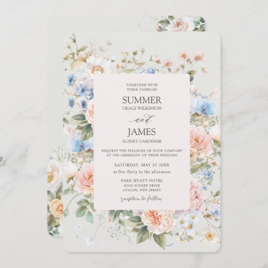 シャビーシック赤面ブルーホワイトフローラフラワー結婚ズ 招待状 (正面/裏面)