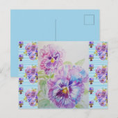 シャビーシック パンジー パステル ブルー ストライプ アート ポストカード (正面/裏面)