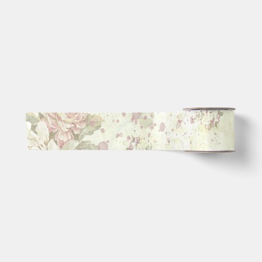 シャビーシック ピンクのバラの花柄 サテンリボン (正面)