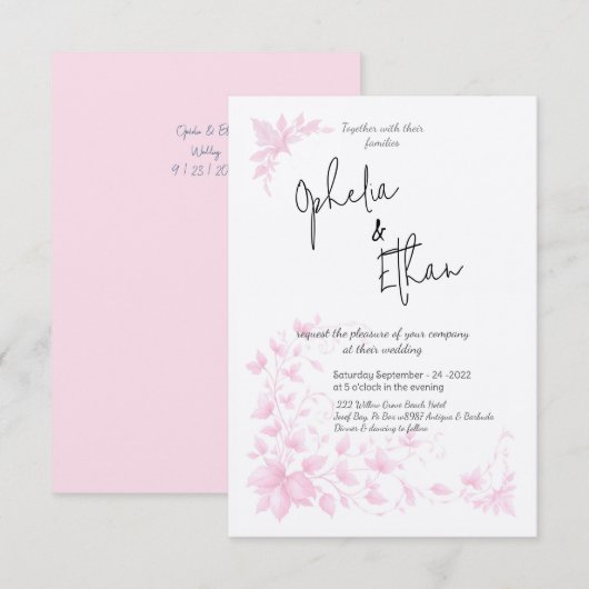 シャビーシック ピンク フラワー ウェディング インビテーション (正面/裏面)
