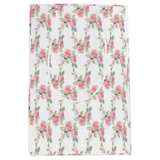 シャビーシック ピンク ローズ フラワーズ ミディアムペーパーバッグ (正面)