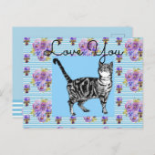 シャビーシック ブルー ストライプ タビー猫 ラブ ハート ポストカード (正面/裏面)