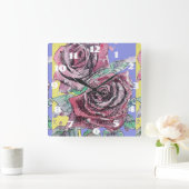 シャビーシック レッドローズ ローズアート レディース ルームクロック スクエア壁時計 (ホーム)