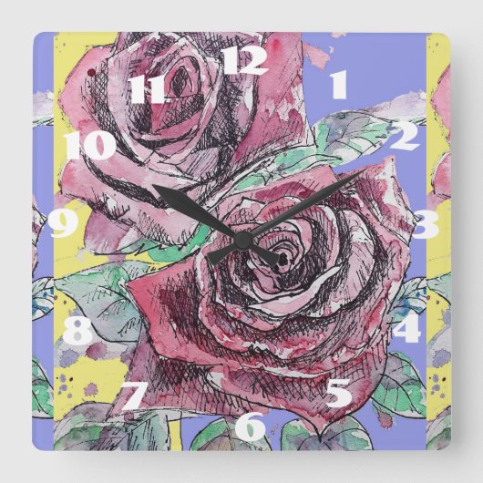 シャビーシック レッドローズ ローズアート レディース ルームクロック スクエア壁時計 (正面)