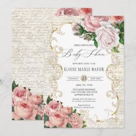 シャビーシック ヴィンテージ フレンチ ローズ ベビー シャワー 招待状