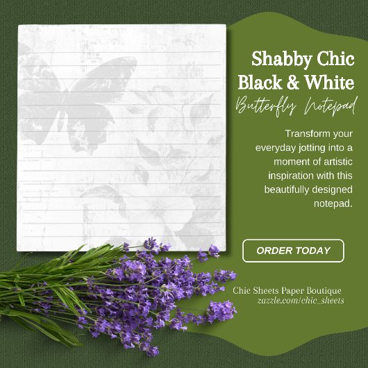 シャビーシック 黒と白の蝶の花柄罫線入り ノートパッド