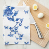 シャビーチック ブルー ホワイト バタフライ ローズ キッチンタオル (四つ折り)
