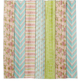 シャビーバラパステルパターンオン素朴ウッドコテージ シャワーカーテン