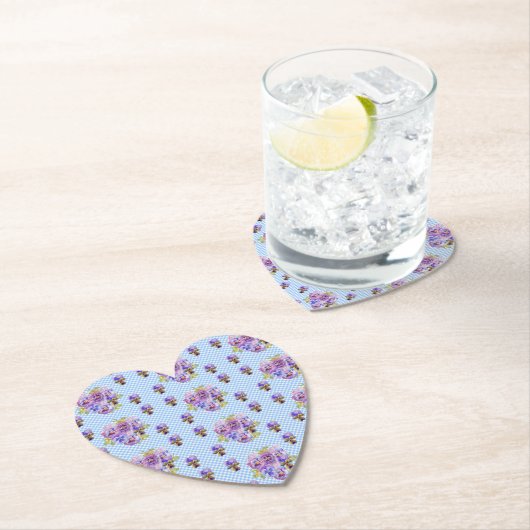 シャビーパンジーフローラブルーギンガム飲み物用コースター ペーパーコースター (インサイチュ)