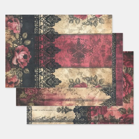 シャビービクトリアンレース重い重量デコページプリント ラッピングペーパーシート (セット)