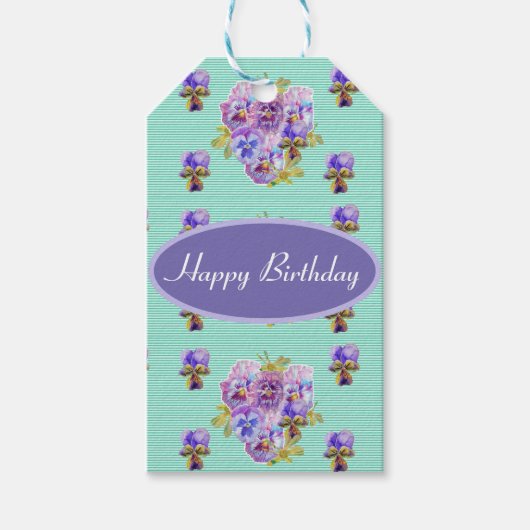 シャビーピンクパンシーフローラパーティー紫ストライプの贈り物 ギフトタグ (正面)