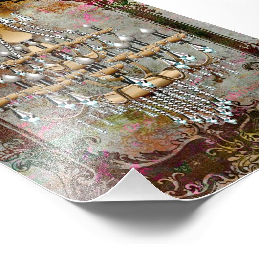 シャビーヴィンテージグレーピンクセピアアンティークシャンデリア フォトプリント            (角)