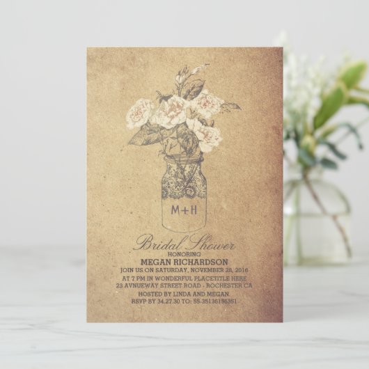 シャビーヴィンテージフローラメイスンジャーブライダルシャワー 招待状 (スタンド正面)