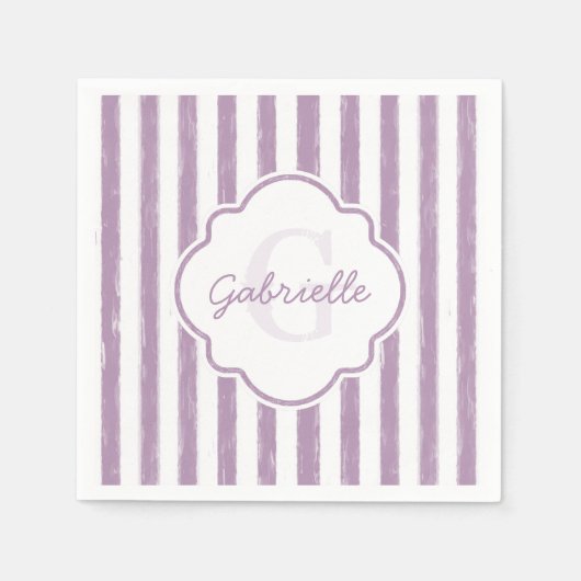 シャビー紫色彩の鮮やかのストライプモノグラムと名前 スタンダードカクテルナプキン (正面)