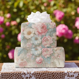 シャビー シック ブラッシュ ピンク セージ グリーン ボヘミア フラワー ローズ ラッピングペーパー