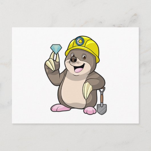 シャベルとダイヤモンドを持った鉱夫としてのモグラ ポストカード (正面)