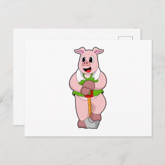 シャベルを持つ農夫の豚 ポストカード (正面/裏面)