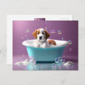 シャボン玉のバスタブの中のかわいい子犬 ポストカード (正面/裏面)