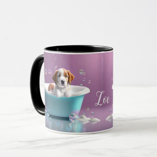 シャボン玉のバスタブの中のかわいい子犬 マグカップ (正面左)