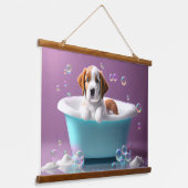 シャボン玉のバスタブの中のかわいい子犬 吊り下げ型タペストリー (傾斜あり)