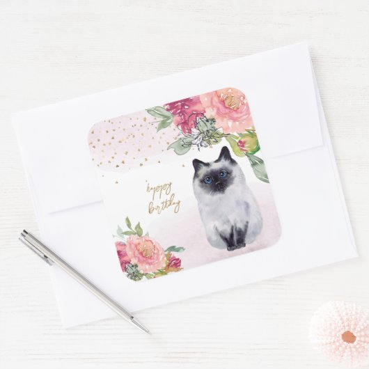 シャミーネコイラストレーションハッピーバースデーガールパーティー スクエアシール (封筒)