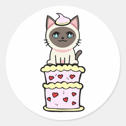 シャムおもしろいネコがケーキから飛び出す ラウンドシール (正面)