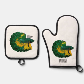 シャムの戦闘魚の漫画イラストレーション 鍋つかみ&鍋敷きセット