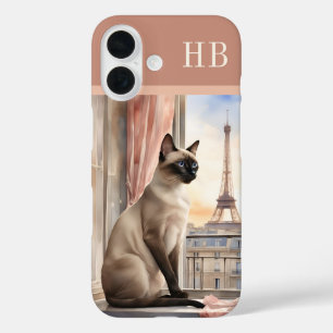 シャムスタイリッシュ猫モノグラムパーソナライズされた iPhone 16ケース