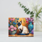 シャムネコと花束の水彩画 ポストカード (スタンド正面)