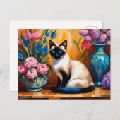 シャムネコと花束の水彩画 ポストカード (正面/裏面)